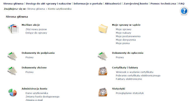 e-sąd ekran po zalogowaniu